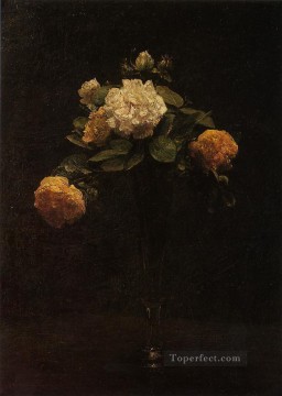 Henri Fantin Latour Painting - White and Yellow Roses in a Tall Vase Henri Fantin Latour